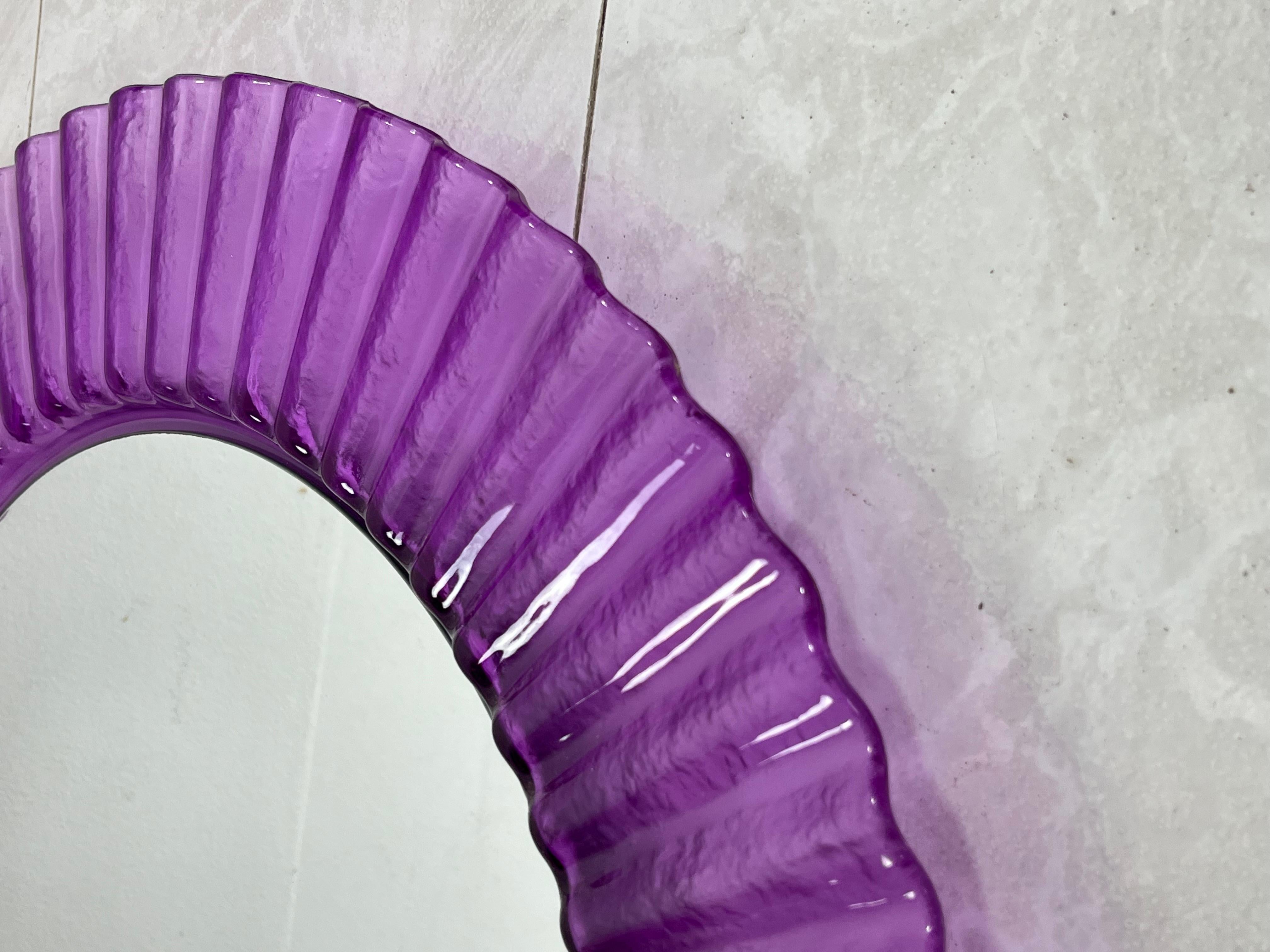 Circular Purple Acrylic Wall Mirror 1970s, Old Warehouse Stock In Excellent Condition For Sale In Palermo, IT