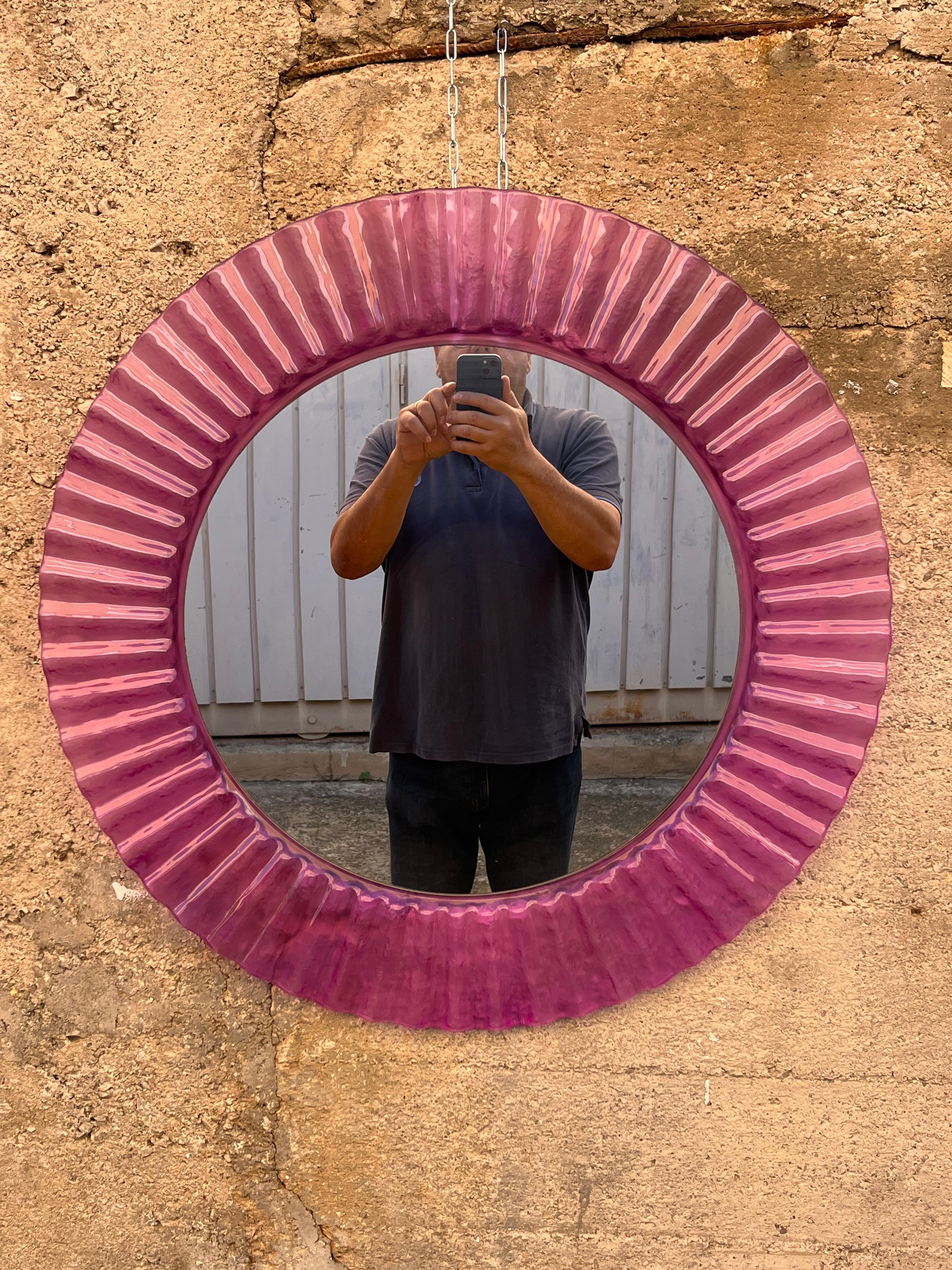 Late 20th Century Circular Purple Acrylic Wall Mirror 1970s, Old Warehouse Stock For Sale