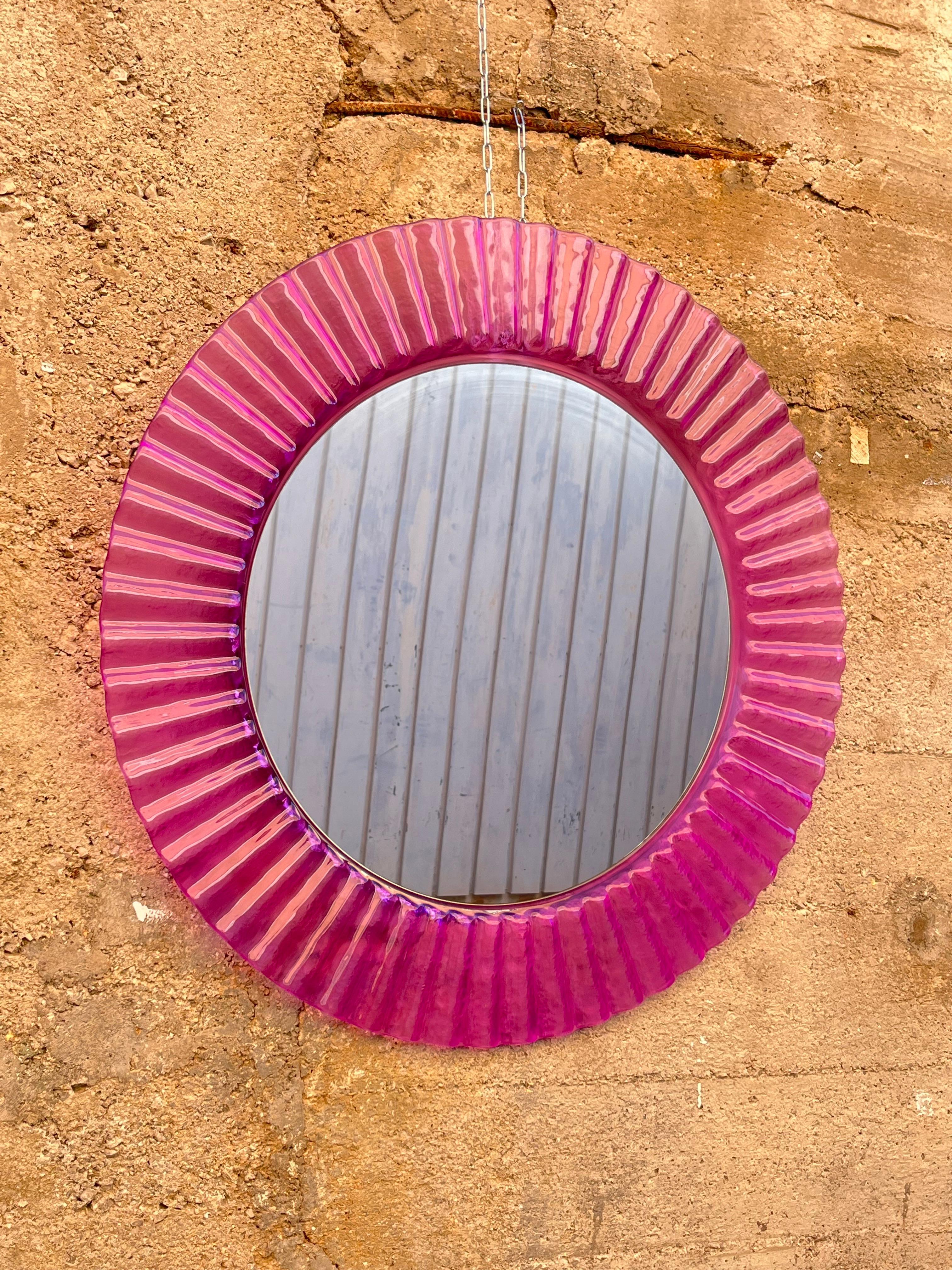 Circular Purple Acrylic Wall Mirror 1970s, Old Warehouse Stock For Sale 2