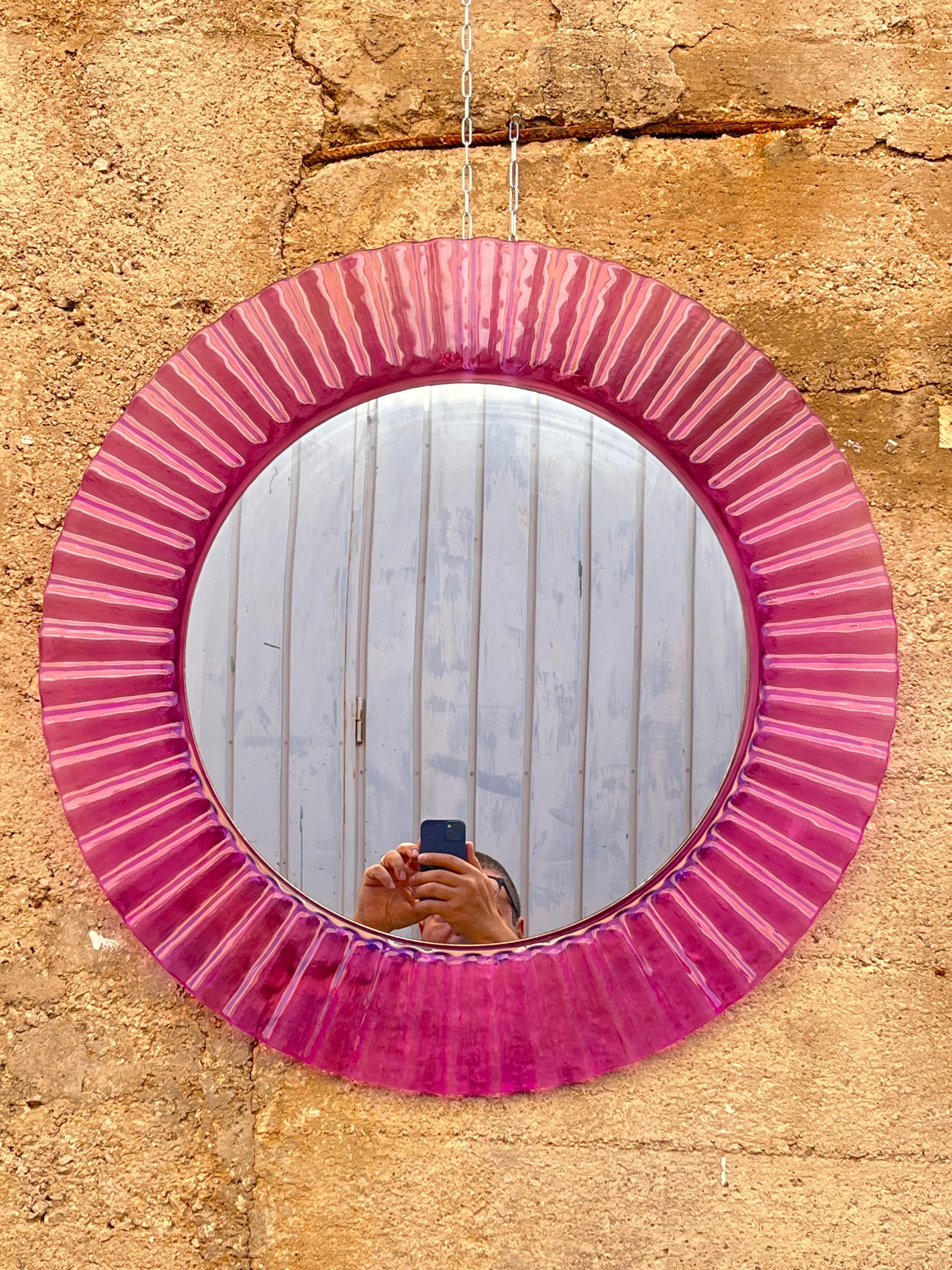 Circular Purple Acrylic Wall Mirror 1970s, Old Warehouse Stock For Sale 3