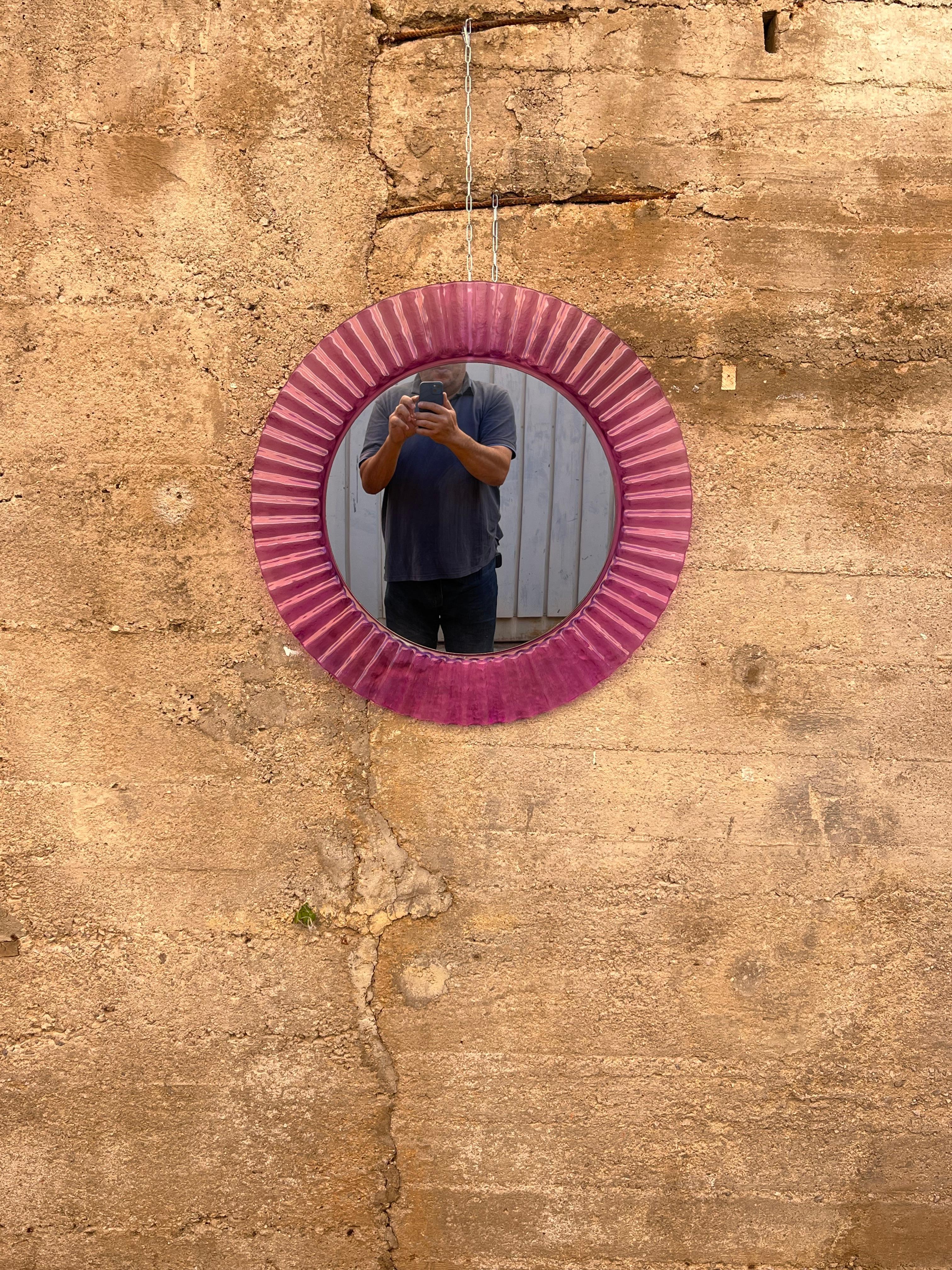 Circular Purple Acrylic Wall Mirror 1970s, Old Warehouse Stock For Sale 4