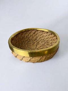 Circular Rattan and brass basket, Italy, 1970's, 18° Diam