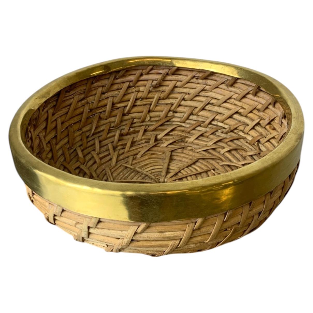 Circular Rattan and brass basket, Italy, 1970's, 18° Diam For Sale