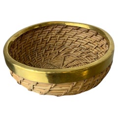 Circular Rattan and brass basket, Italy, 1970's, 18° Diam