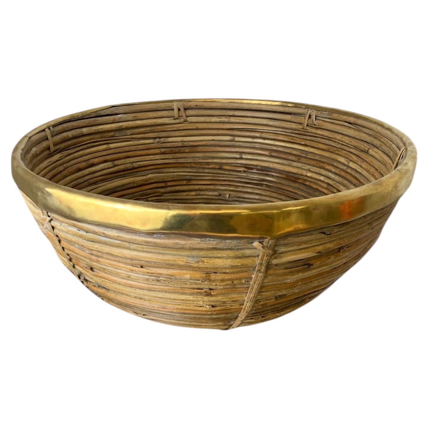 Circular Rattan and brass basket, Italy, 1970's, 39° Diam