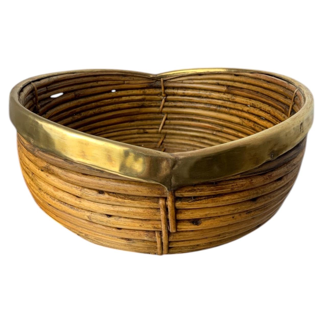 Circular Rattan and brass basket, Italy, circa 1970's For Sale