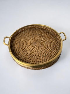 Circular rattan and brass tray, Italy, 1970's, 38° Diam