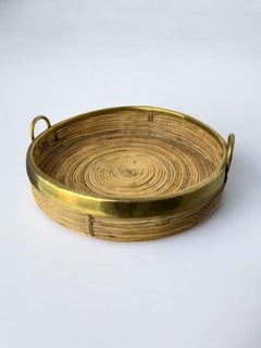 Rundes Tablett aus Rattan und Messing, Italien, CIRCA 1970