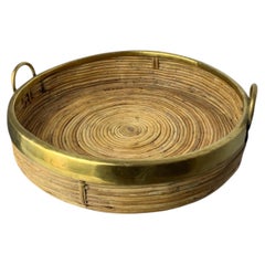Rundes Tablett aus Rattan und Messing, Italien, CIRCA 1970