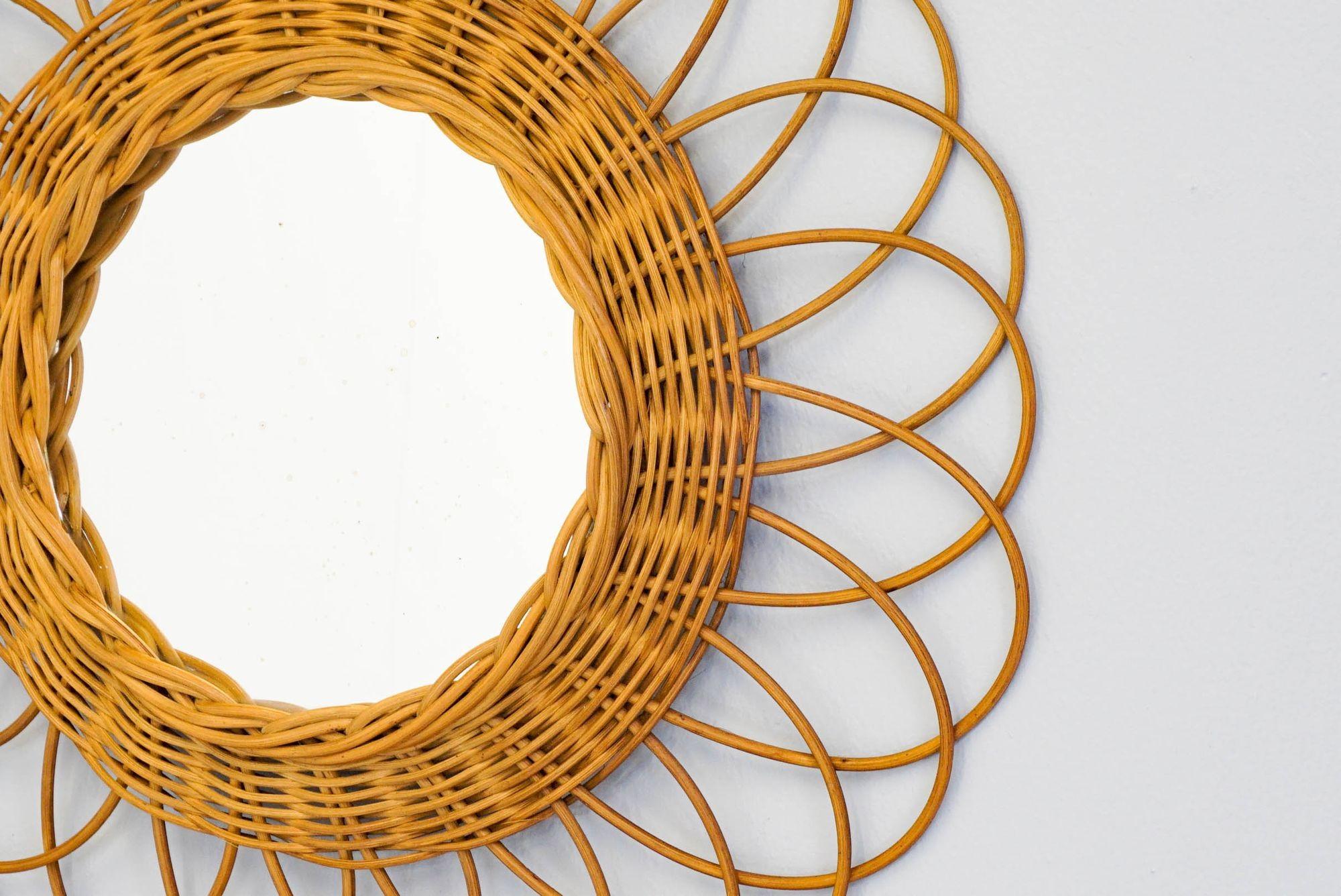 Mid-20th Century Circular Rattan Mirror For Sale