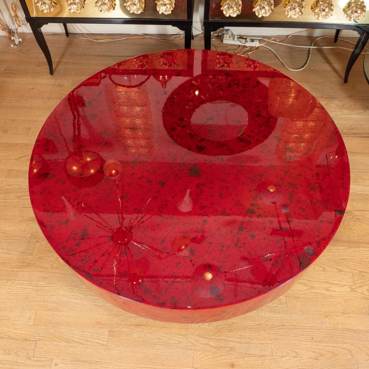 Mid-Century Modern Circular Red Lacquered Goatskin Coffee Table Attributed to Aldo Tura