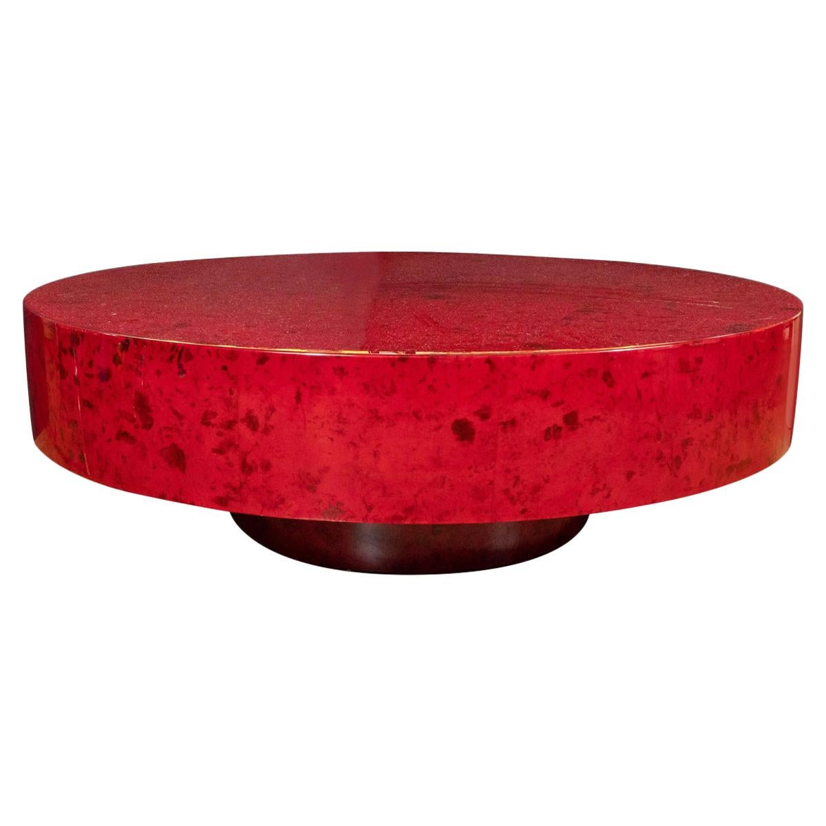 Circular Red Lacquered Goatskin Coffee Table Attributed to Aldo Tura