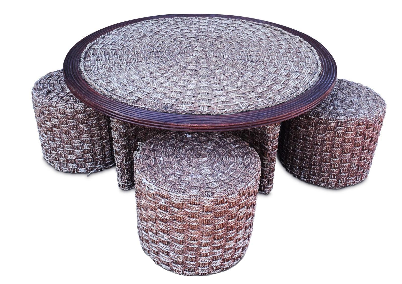 Hand-Woven Circular Rope & Wood Table & Three Stools Manner of Christian Astuguevieille For Sale