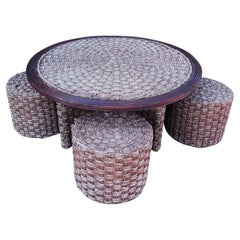 Circular Rope & Wood Table & Three Stools Manner of Christian Astuguevieille