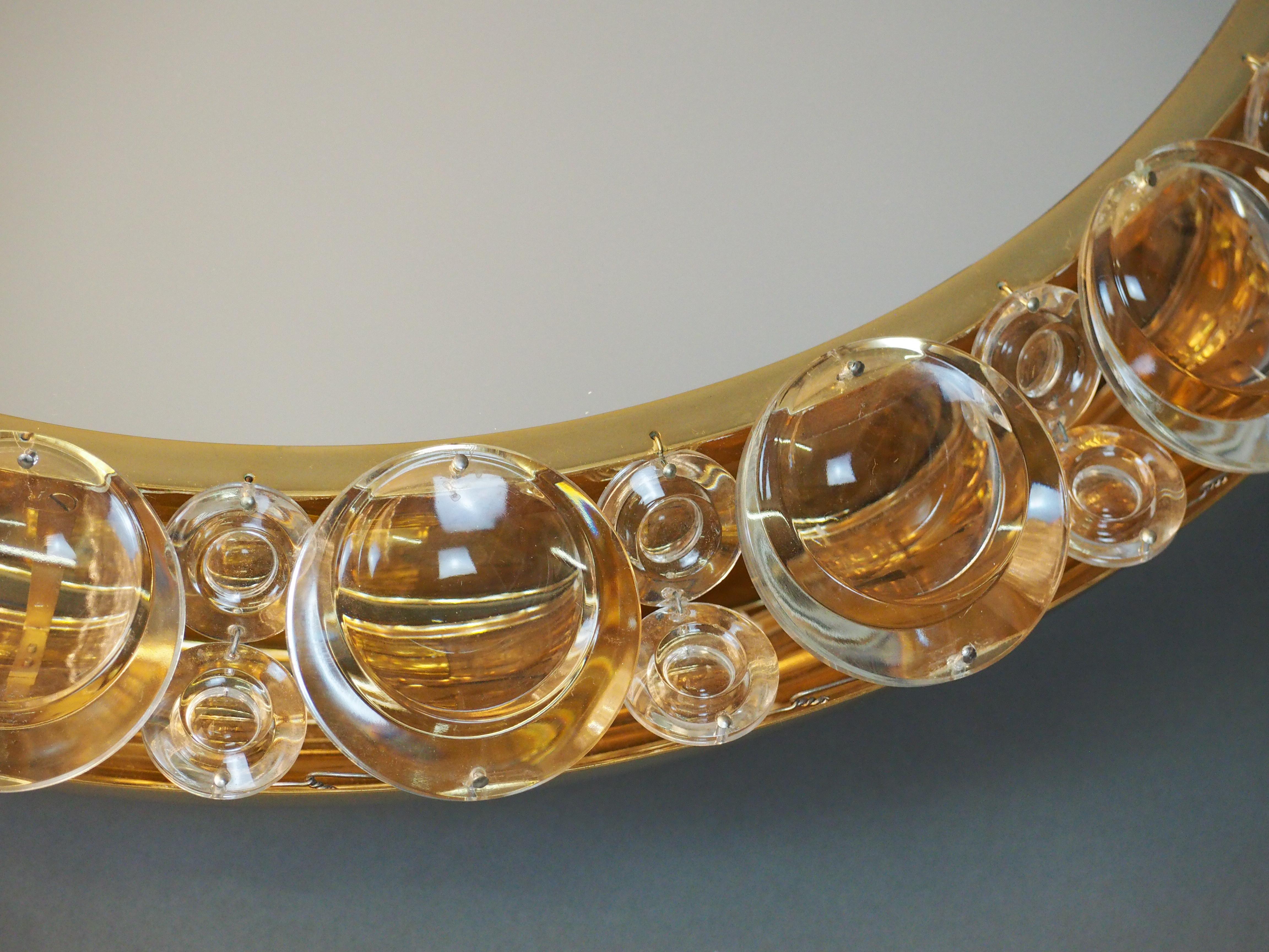 Late 20th Century Circular Round Illuminated Gilt Brass and Glass Mirror by Palwa, circa 1970s