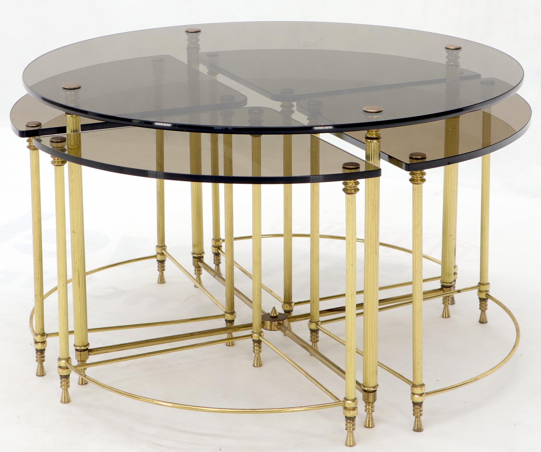 Italian Circular Round Smoked Glass Brass Legs Nesting Coffee Table For Sale