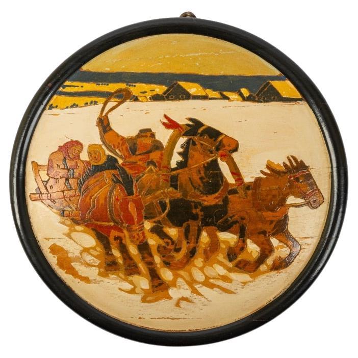 Circular Russian Painting on Wood of a Troika, 20th century