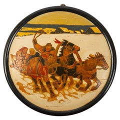 Antique Circular Russian Painting on Wood of a Troika, 20th century