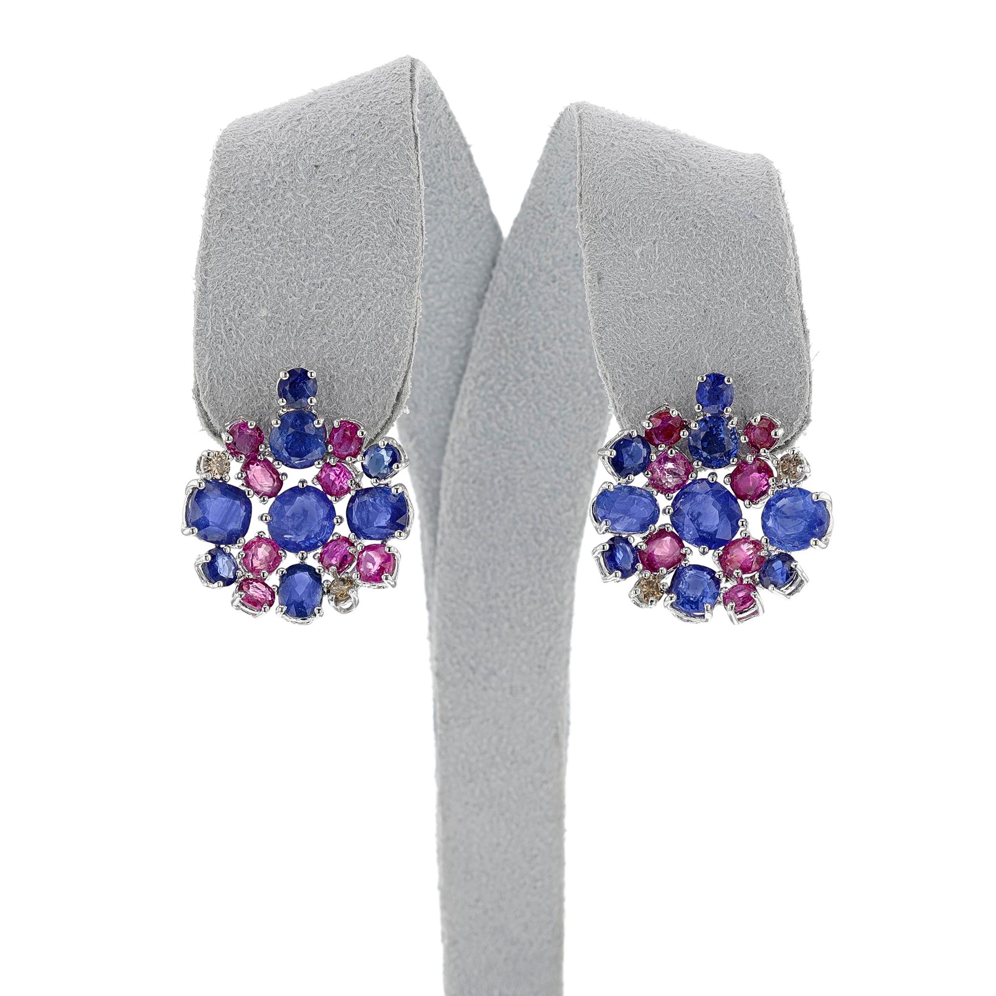 Round Cut Circular Sapphire, Ruby and Diamond Earrings, 18k White For Sale