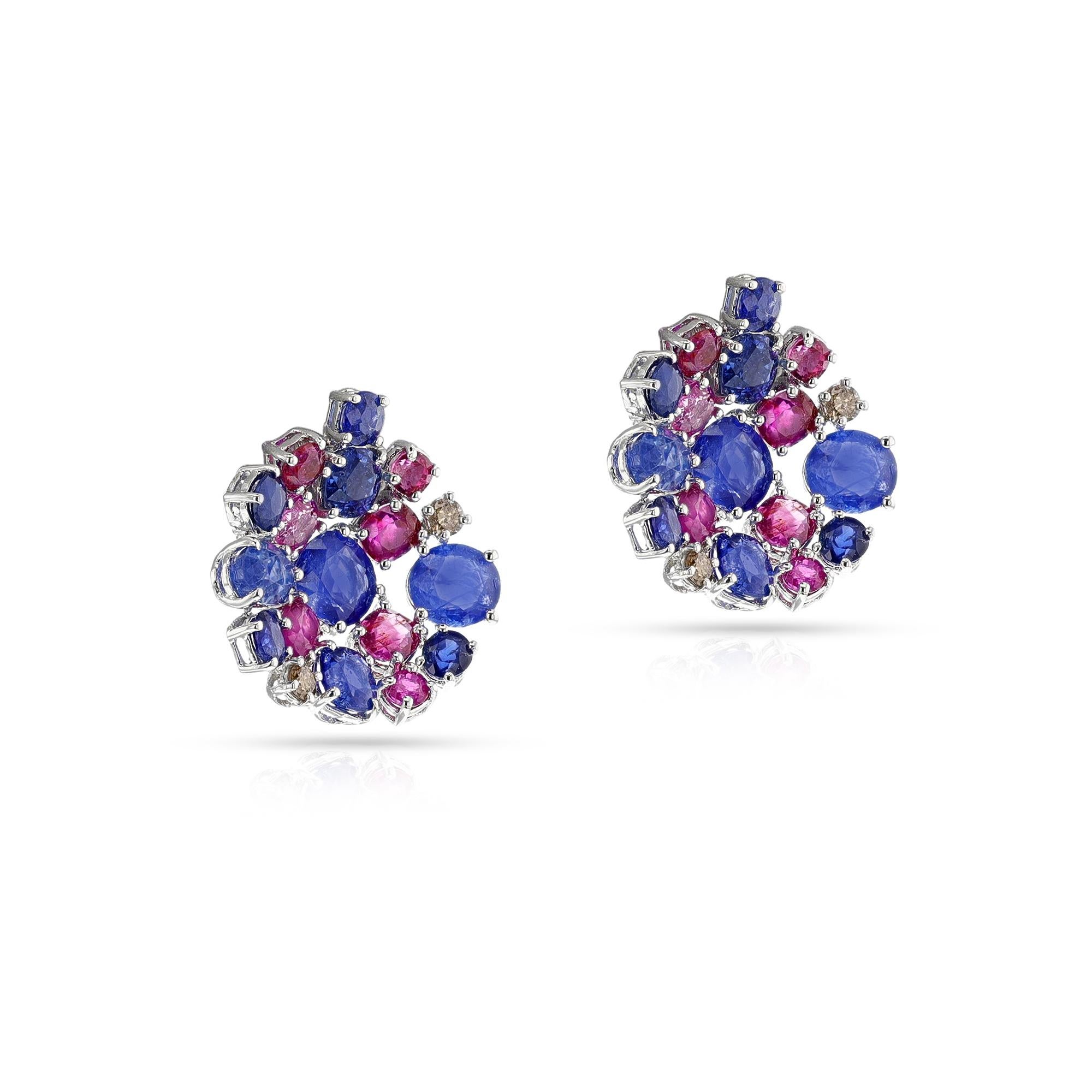 Circular Sapphire, Ruby and Diamond Earrings, 18k White In Excellent Condition For Sale In New York, NY