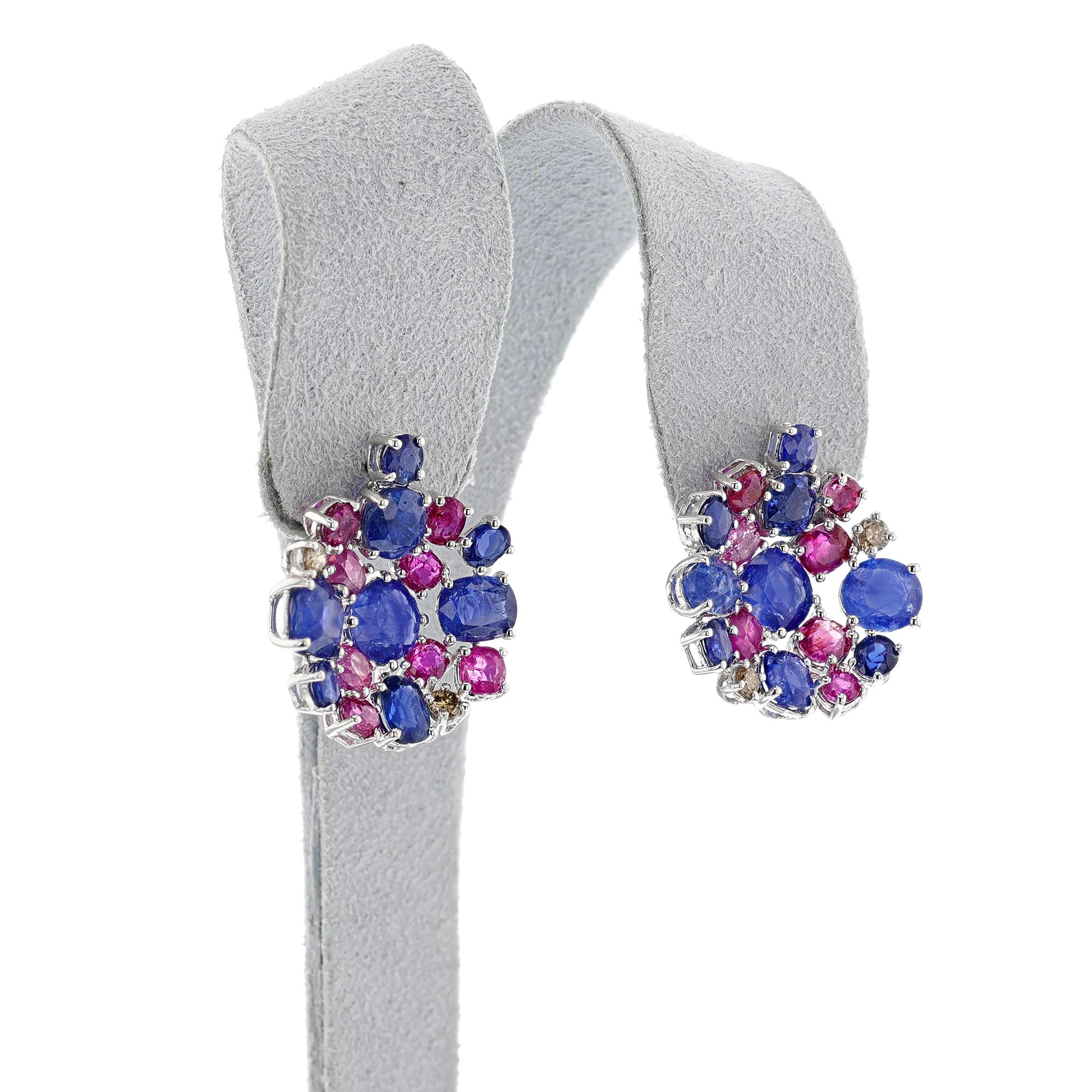 Women's or Men's Circular Sapphire, Ruby and Diamond Earrings, 18k White For Sale