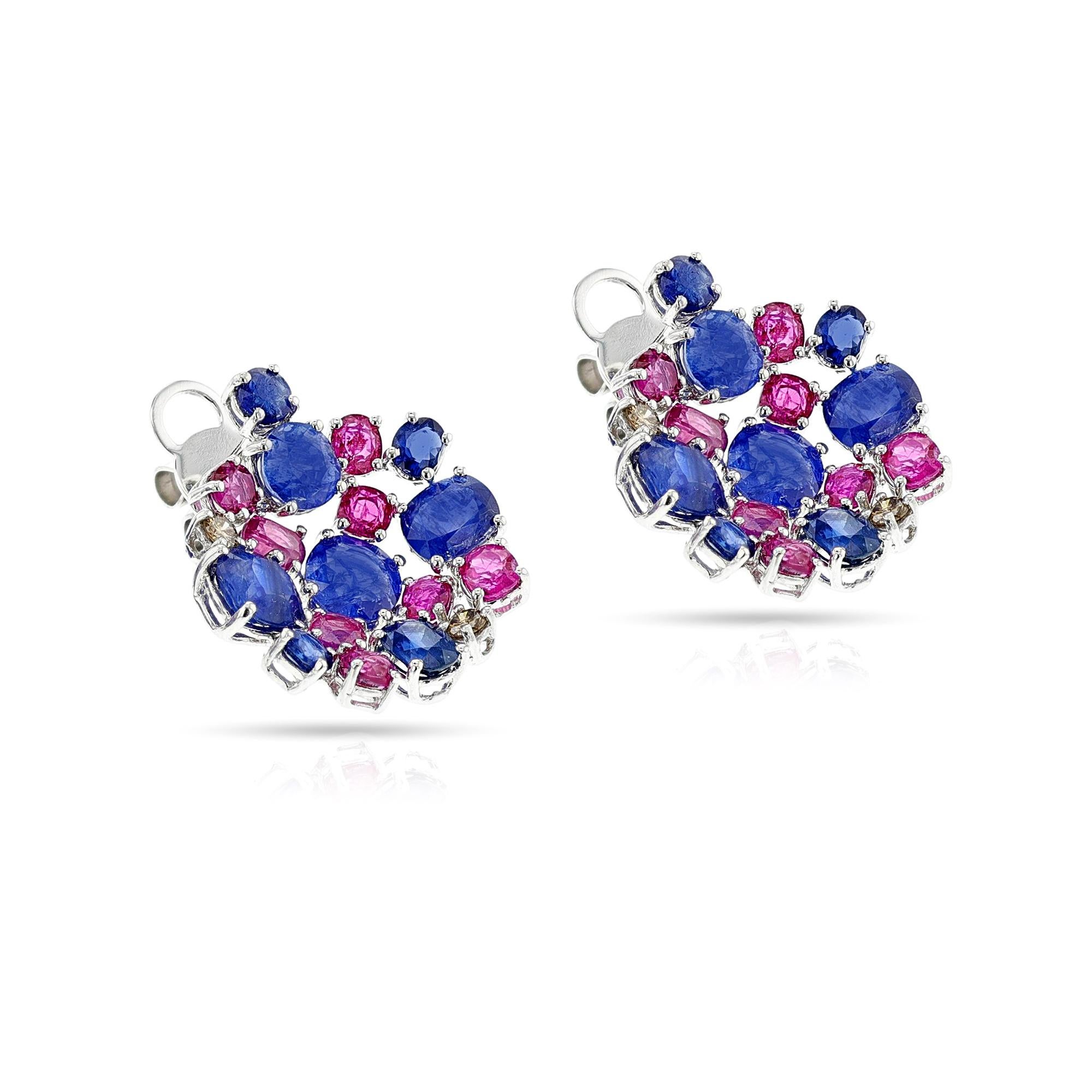 Circular Sapphire, Ruby and Diamond Earrings, 18k White For Sale 1