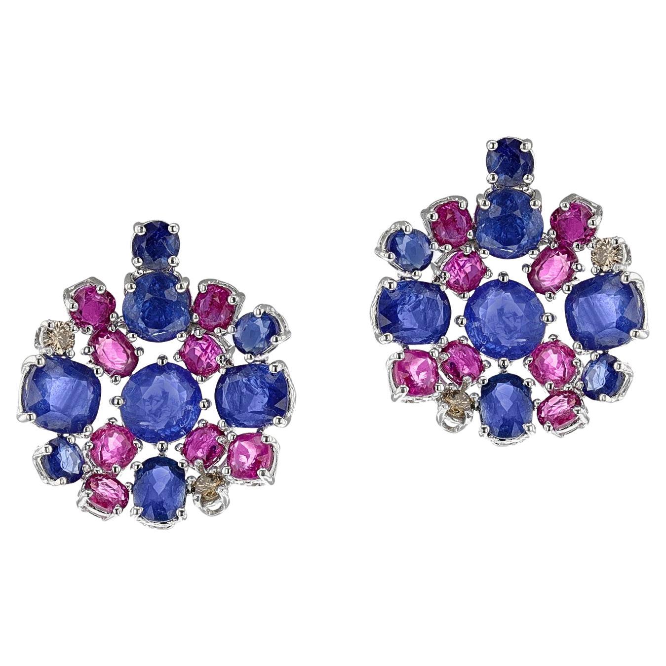 Circular Sapphire, Ruby and Diamond Earrings, 18k White For Sale