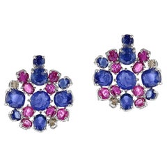 Vintage Circular Sapphire, Ruby and Diamond Earrings, 18k White
