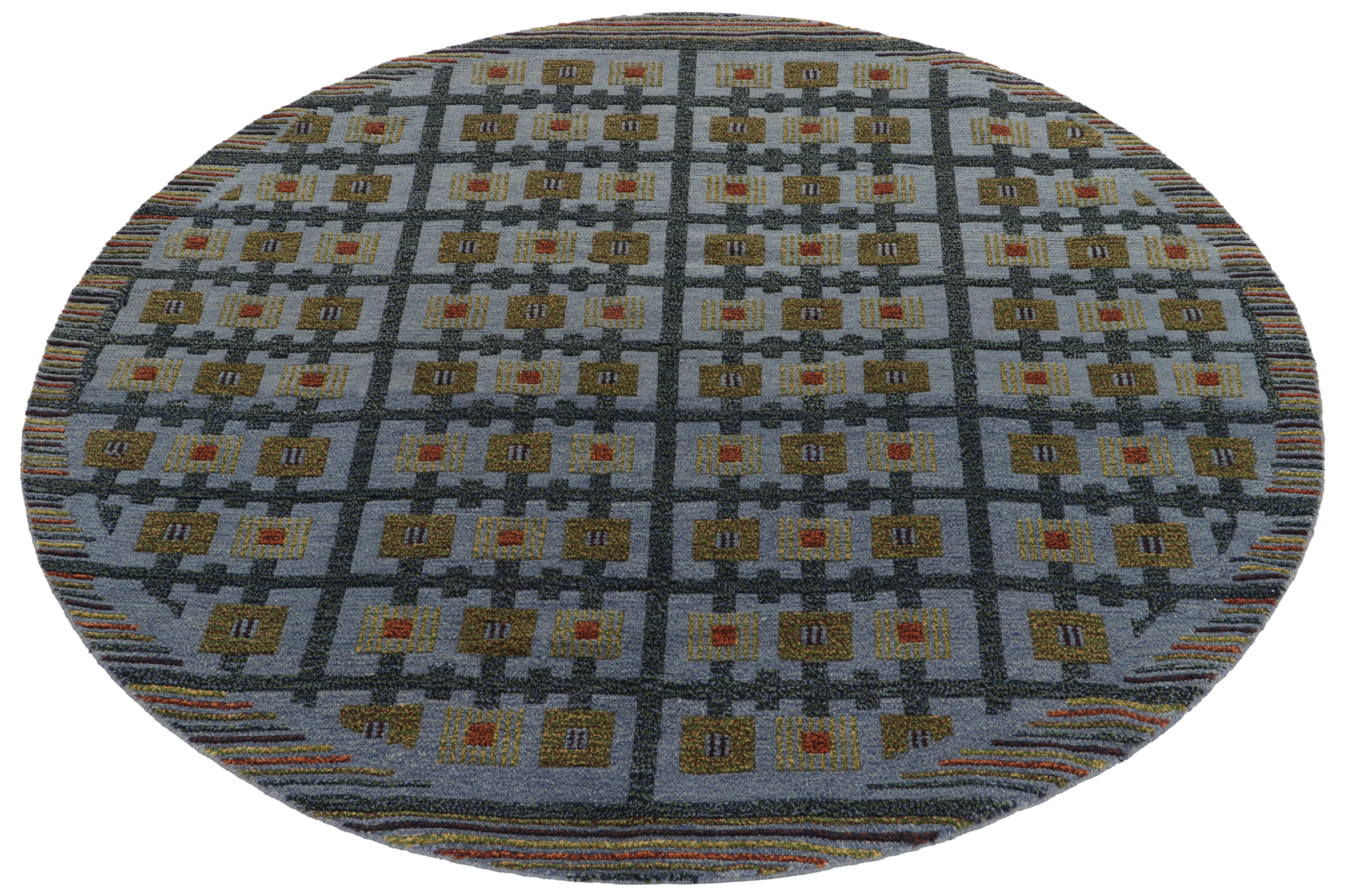 Art Deco Rug & Kilim's Circular Scandinavian Style Rug in Blue, Green Geometric Pattern For Sale