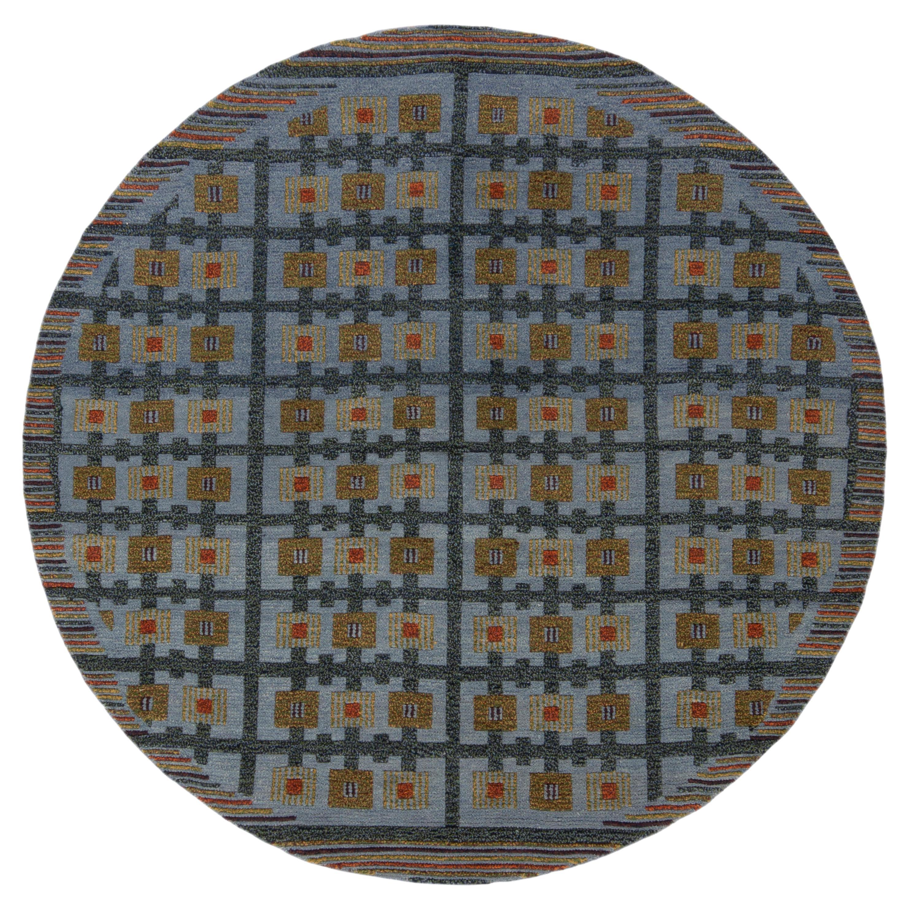 Runder Teppich & Kelim-Teppich im skandinavischen Stil in Blau, Grün mit geometrischem Muster im Angebot