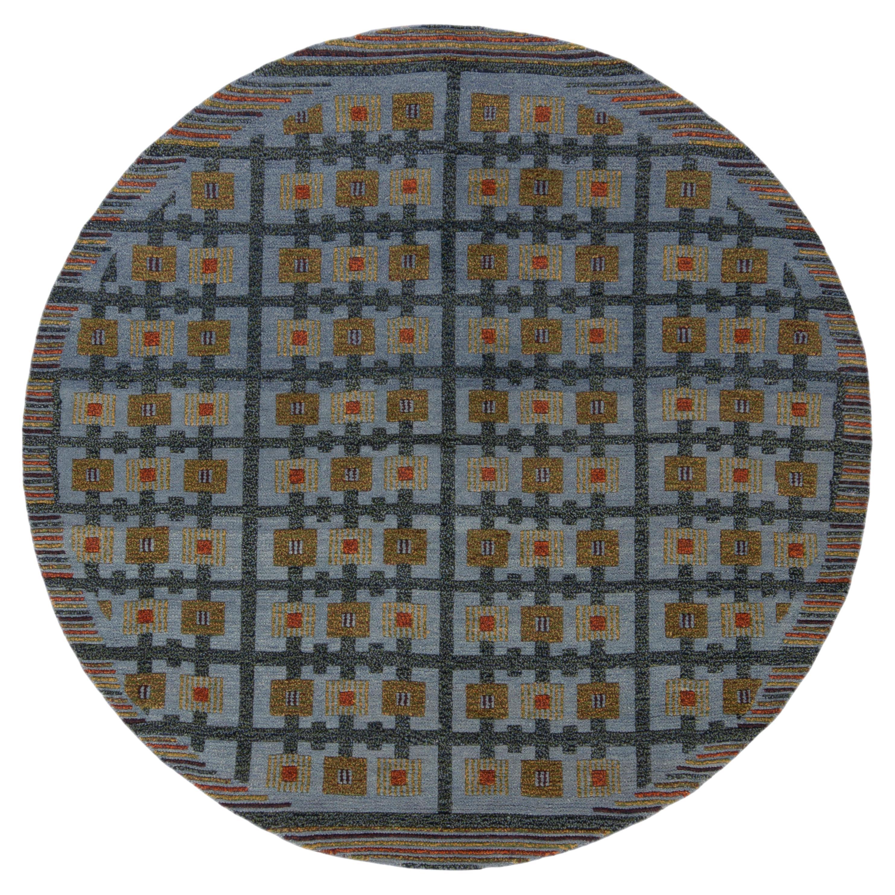 Tapis et tapis circulaire de style scandinave Kilim à motif géométrique bleu et vert