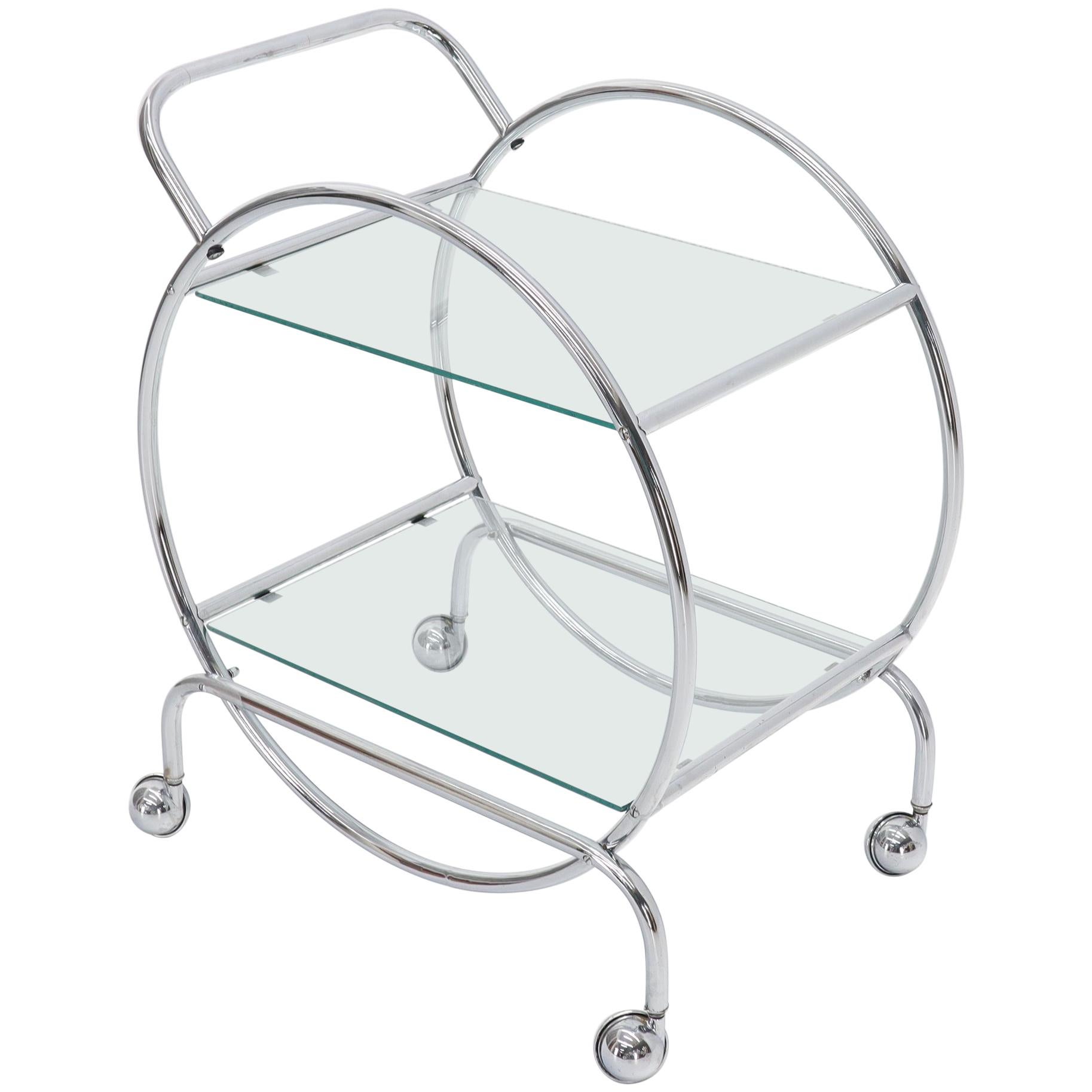 Circular Shape Glass Top Bauhaus Serving Cart Deco Midcentury Wolfgang Hoffman For Sale