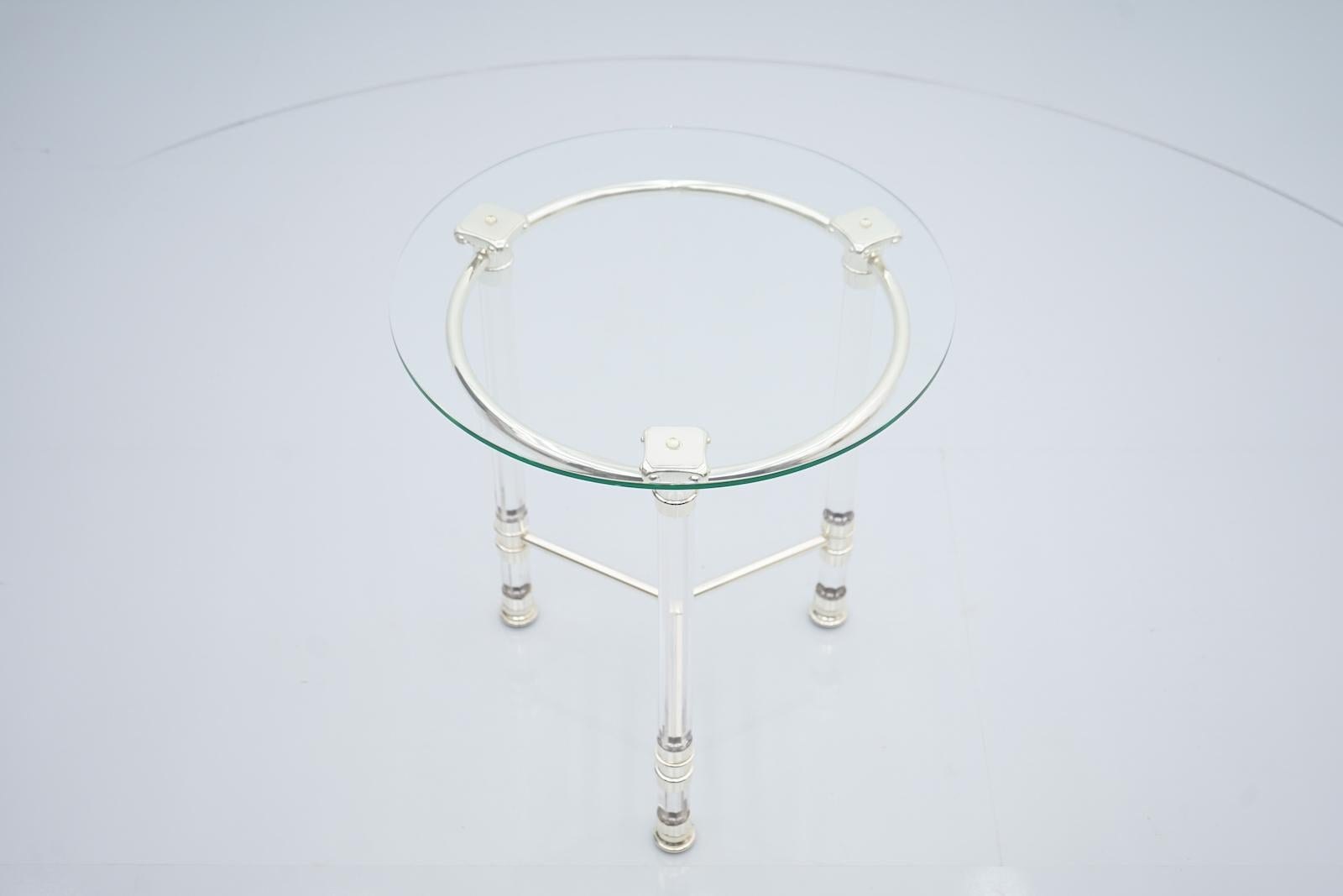 French Circular Side Table in Glass, Lucite and Slivered Metal, France, 1980s For Sale