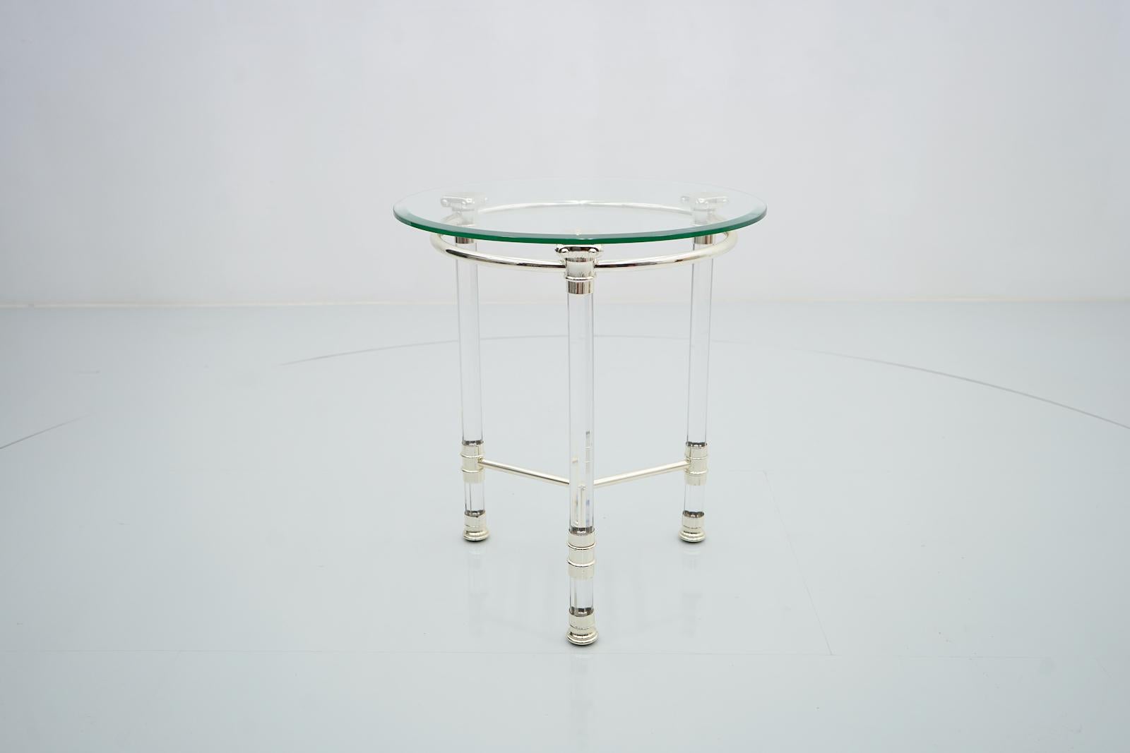 Circular Side Table in Glass, Lucite and Slivered Metal, France, 1980s For Sale 1