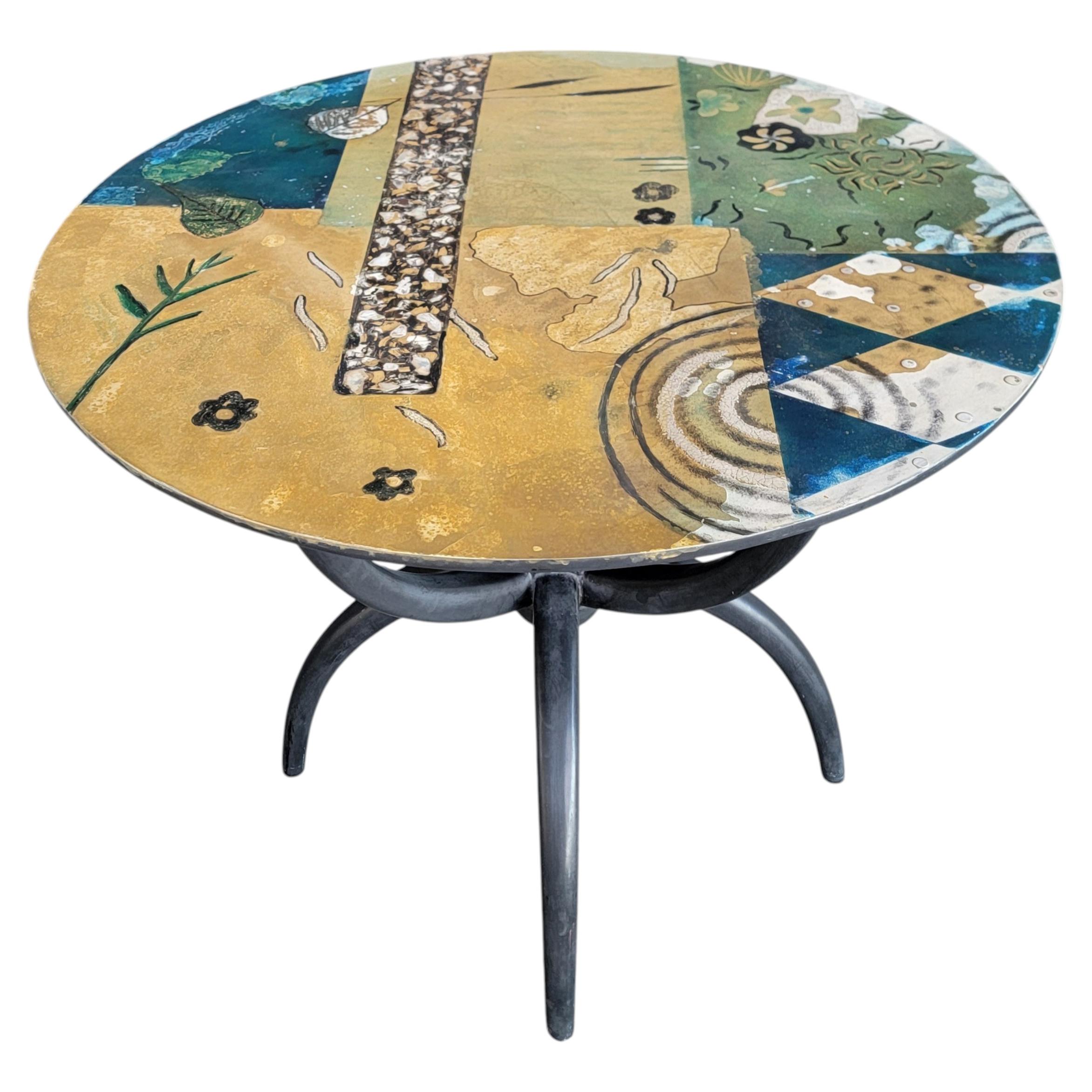 Circular Side, Game or Dining Table with Abstract & Mosaic Tile Decoration