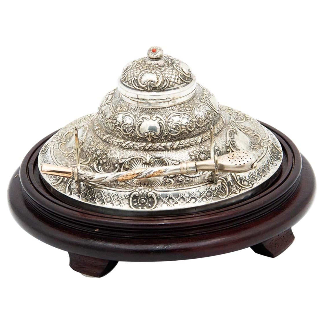 Circular silver and wooden inkwell For Sale