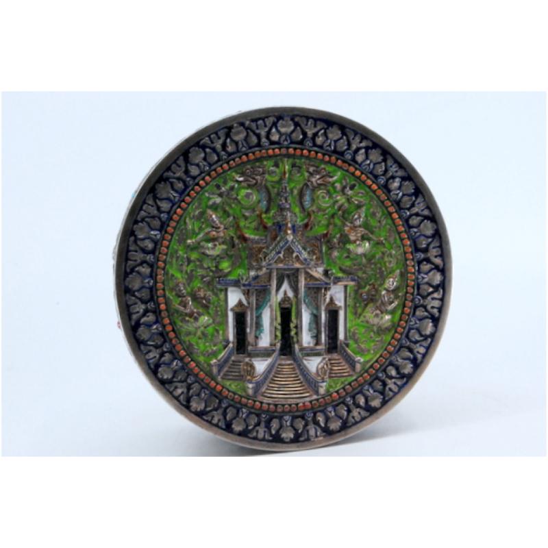 European Circular silver box with enameled reliefs in oriental style and Buddhist temple For Sale
