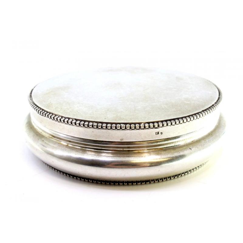 European Circular silver box with pearl trim on the base and removable lid For Sale