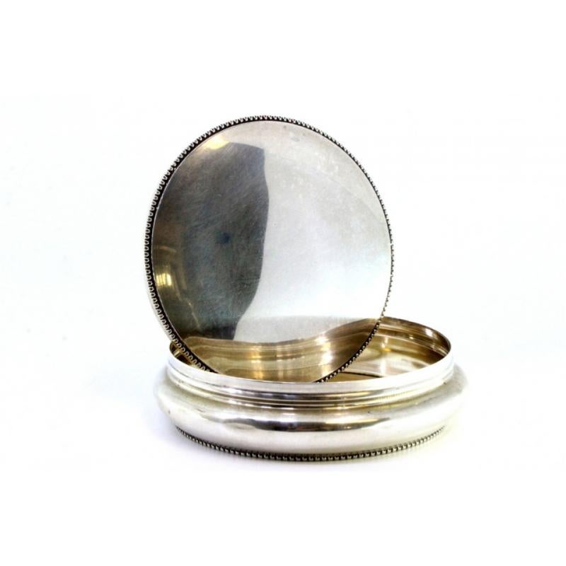20th Century Circular silver box with pearl trim on the base and removable lid For Sale