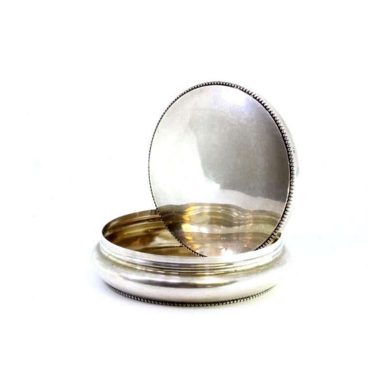 Silver Circular silver box with pearl trim on the base and removable lid For Sale