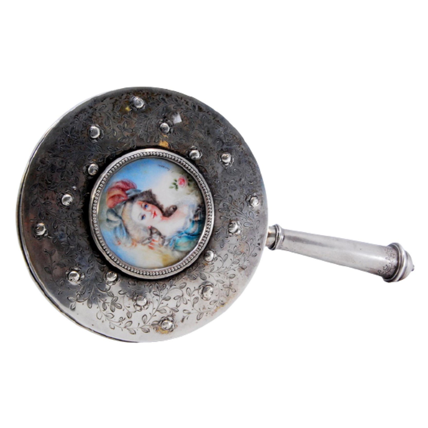 Circular silver hand mirror