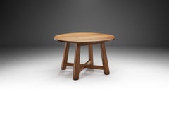 Circular Solid Oak Dining Table with Cross Stretchers, Europe ca 1950s