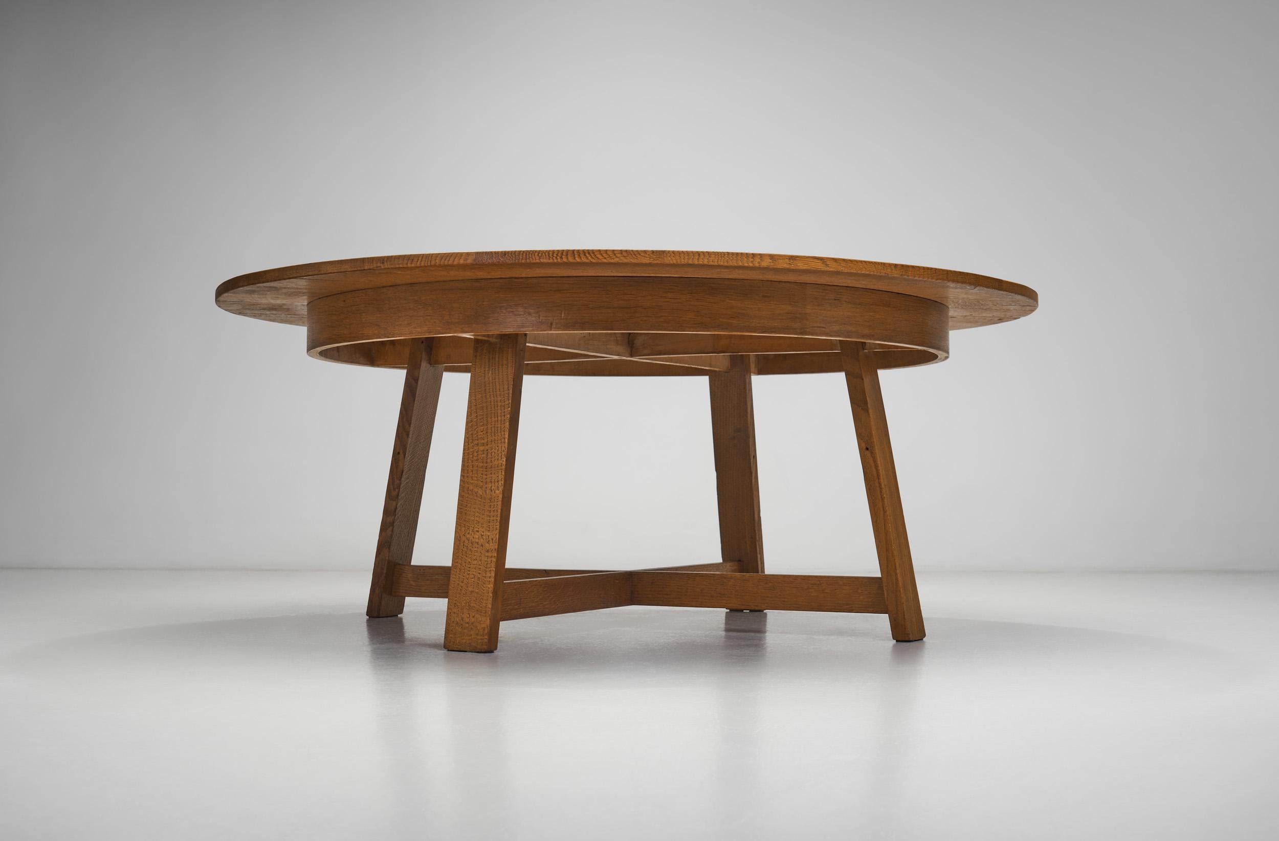 Circular Solid Wood Table with Cross Stretchers, Europe ca 1960s For Sale 8