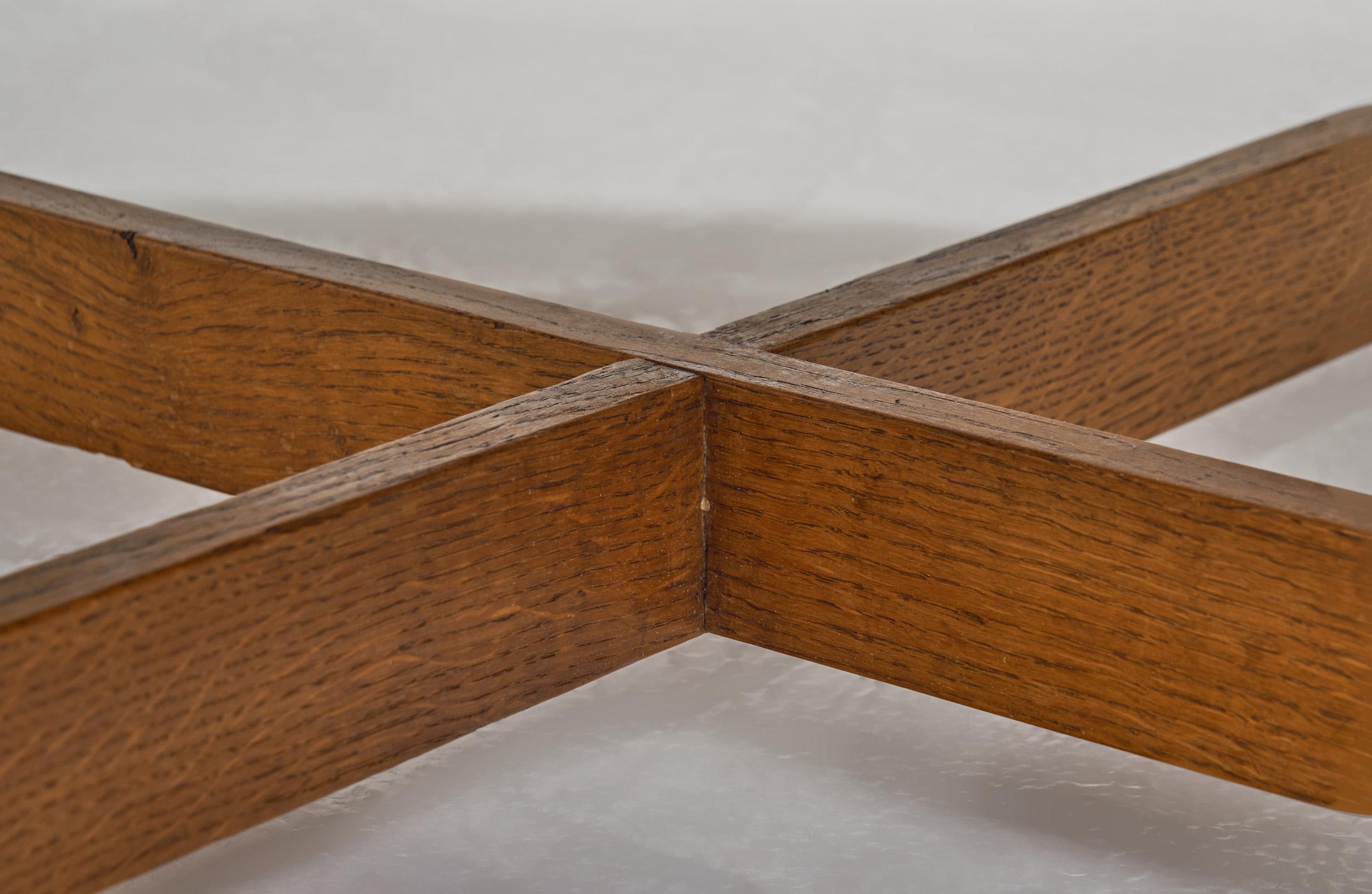 Circular Solid Wood Table with Cross Stretchers, Europe ca 1960s For Sale 10