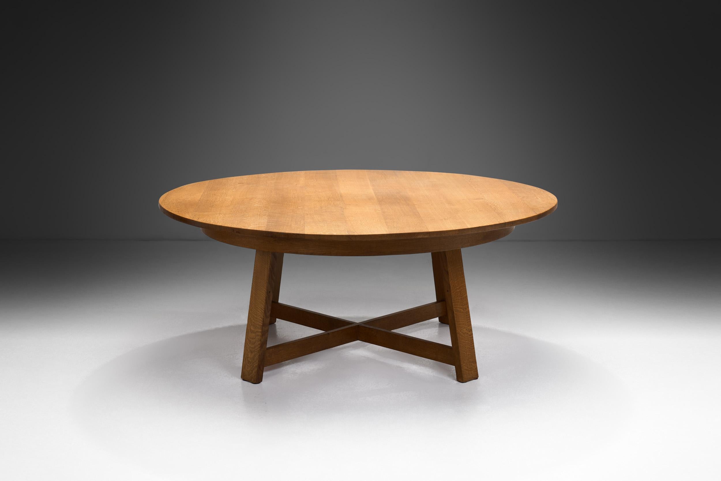 Mid-Century Modern Circular Solid Wood Table with Cross Stretchers, Europe ca 1960s For Sale