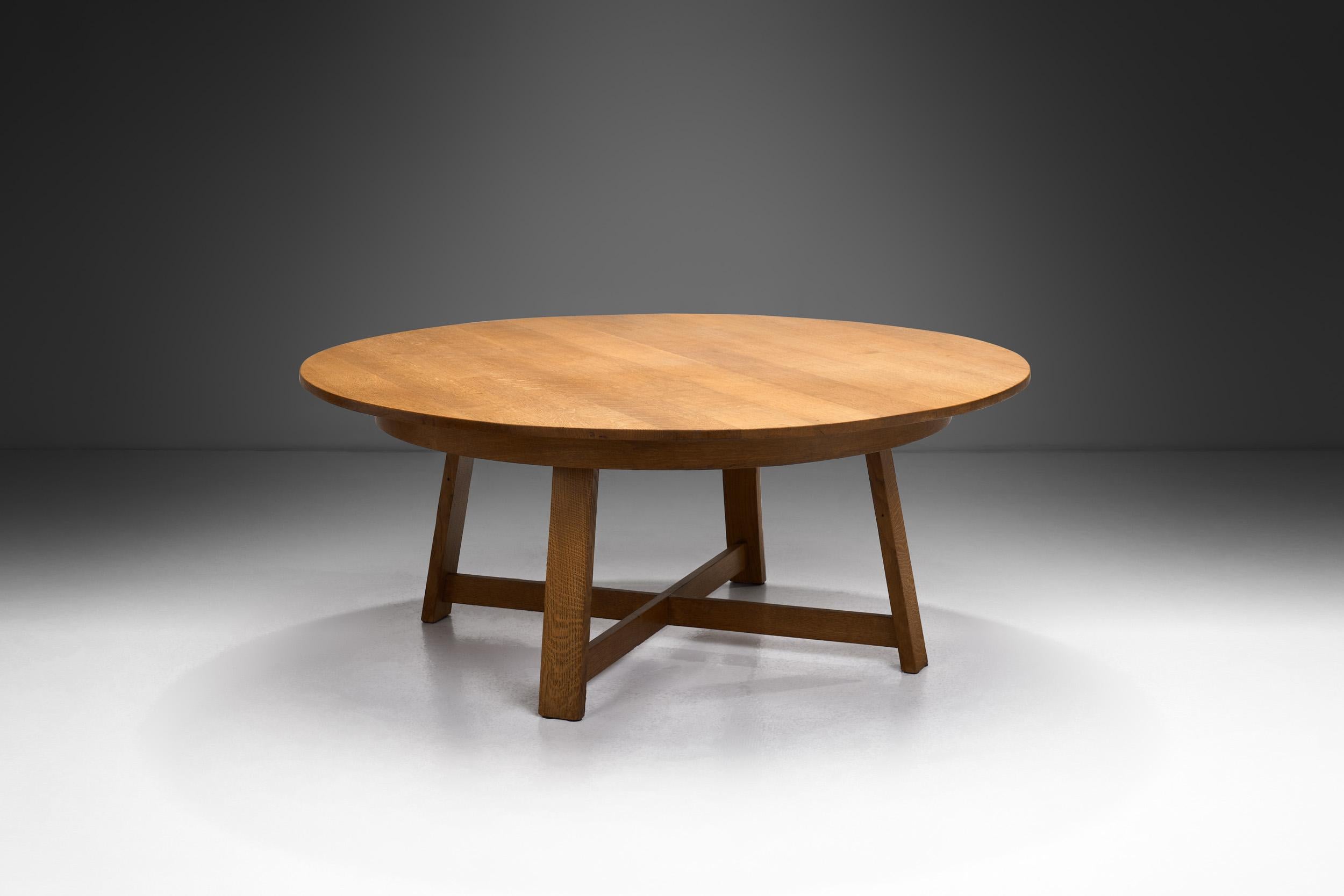 European Circular Solid Wood Table with Cross Stretchers, Europe ca 1960s For Sale