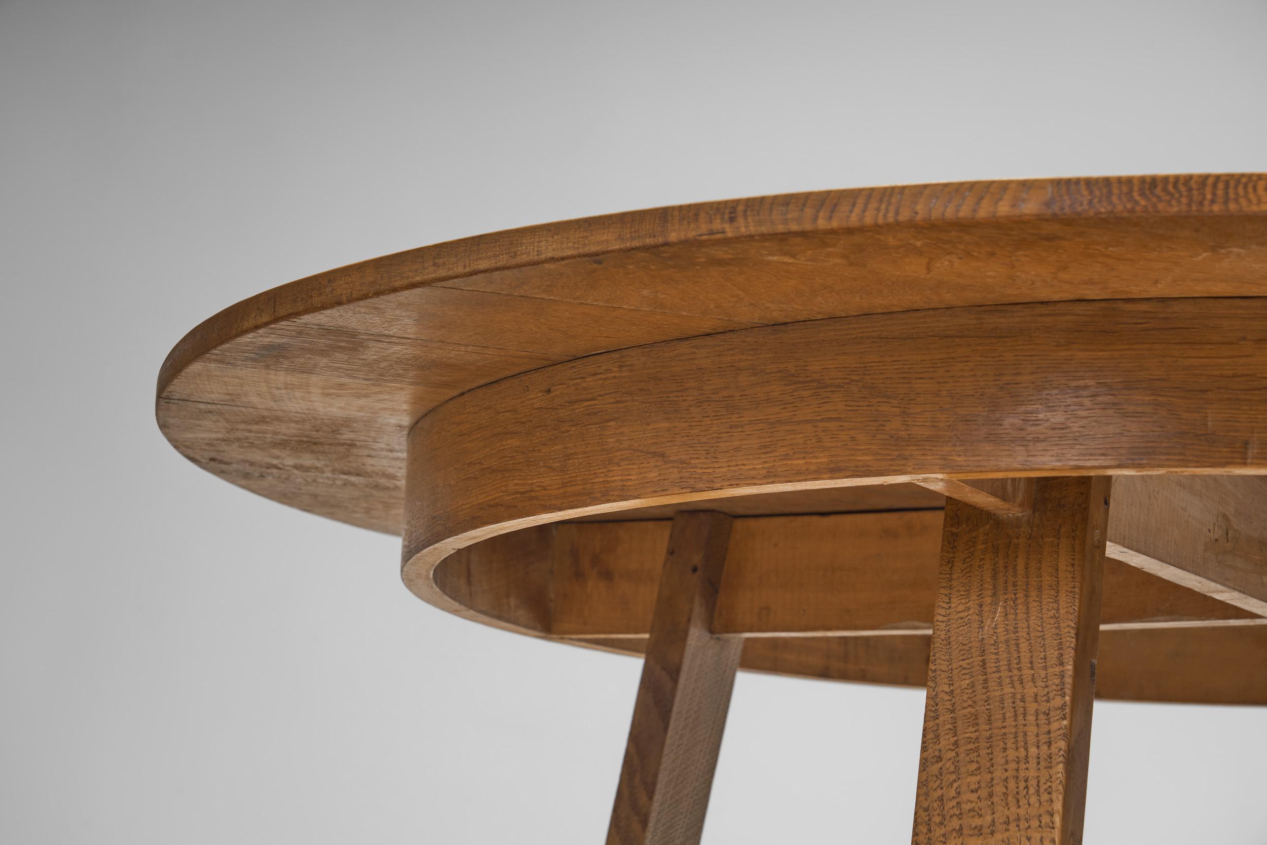 Circular Solid Wood Table with Cross Stretchers, Europe ca 1960s For Sale 1