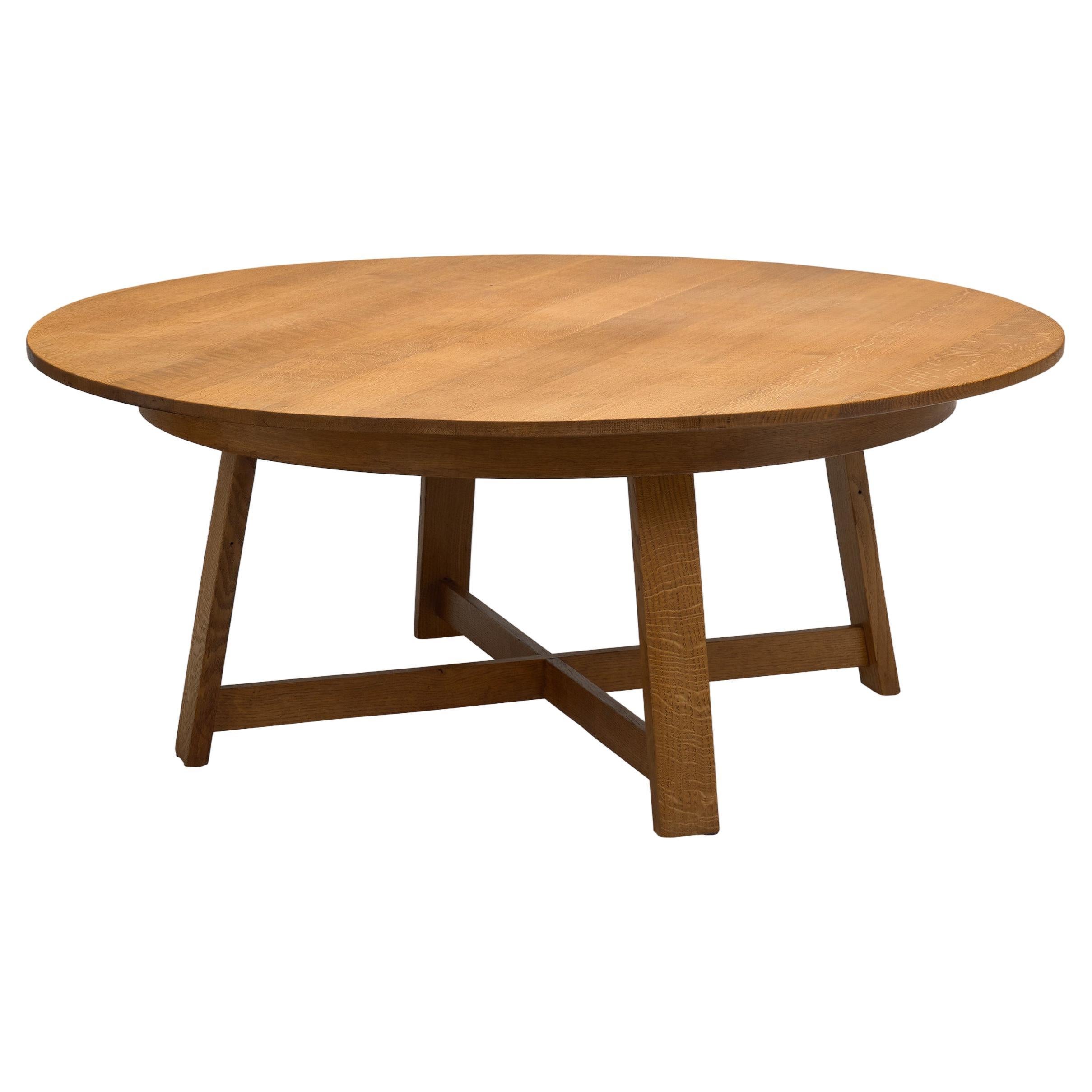 Circular Solid Wood Table with Cross Stretchers, Europe ca 1960s For Sale