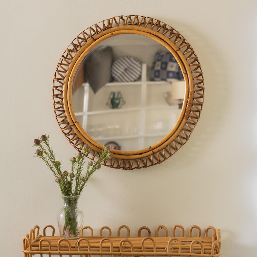 Italian Circular Spiral Rattan Mirror For Sale