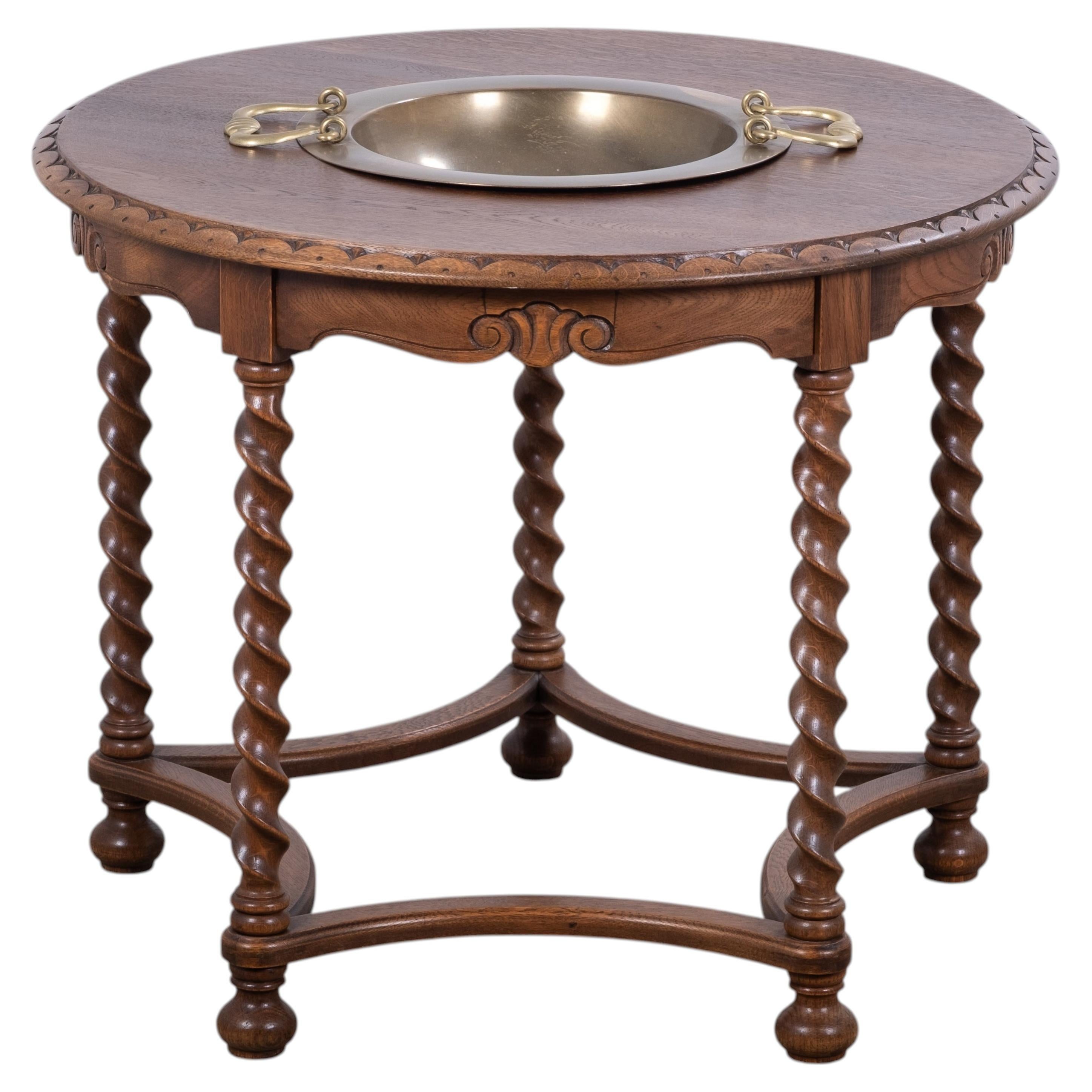 Circular Stained Oak Coffee Table with Brass Bowl, Danish, 1960s For Sale